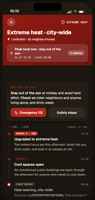 A Snakken warning detail view: a stark red 'Extreme heat' alert with a live running log of updates through the day, newest at the top, under an 'as of' timestamp.